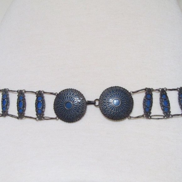 Vintage Metal Belt Filigree Chain Silver Blue OOAK Boho Hippie Ethnic - Picture 2 of 9